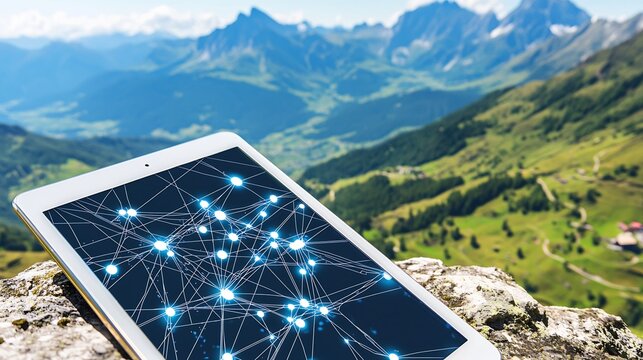 Tablet displaying network on mountaintop, scenic valley background; technology in nature
