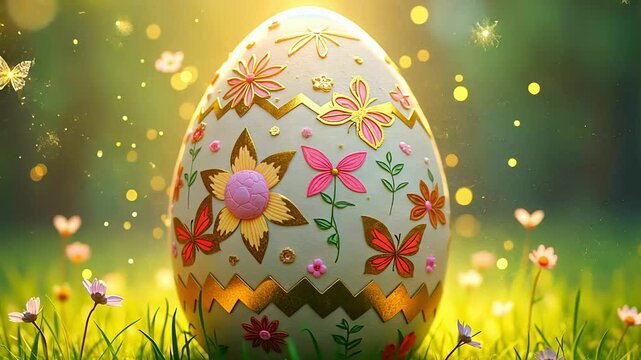 Magical Easter Egg with Floral Patterns and Glowing Light Rotation Amidst Spring Blossom. Easter concept
