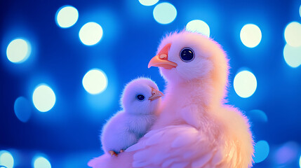 A hen plushie cuddling a tiny stuffed chick on blue lights background
