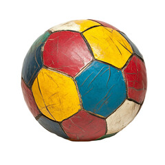 Obraz premium Vintage Worn Soccer Ball Colorful Patches Retro old red game blue aged isolated on transparent background