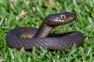 Obraz premium Close-Up View of a Coiling Snake with Distinctive Bright Blue Eye Against Lush Green Grass in a Natural Outdoor Environment