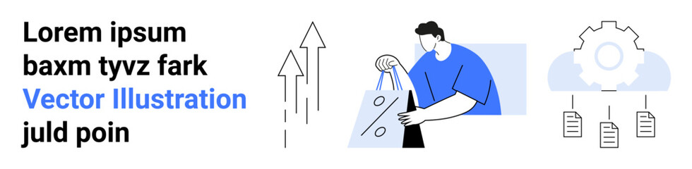 Man analyzing data with geometric shapes, arrows indicating growth, cloud gear with files. Ideal for business analytics, data management, cloud computing, workflow, growth, efficiency productivity