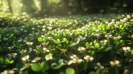 A lush field of clover with tiny white flowers blooming.