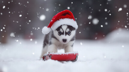 A husky puppy in a Santa hat pulling a tiny sled