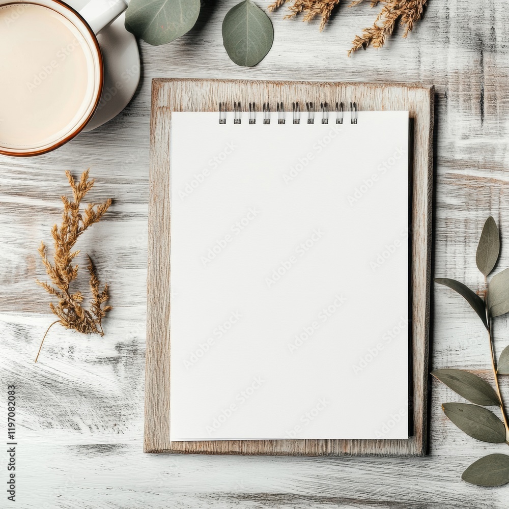 Poster clean mock up with blank notepad and coffee cup on rustic wooden table, ideal for creative projects 
