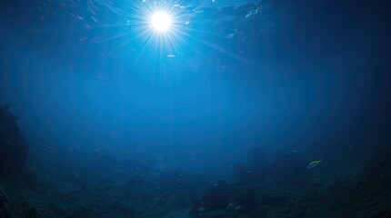 Obraz premium An underwater seascape in a deep abyss, bathed in the ethereal glow of a blue sun. Bioluminescent creatures radiate vibrant colors