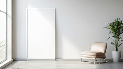 Modern minimalist interior featuring a sleek chair and blank canvas against a bright window