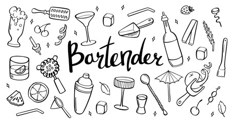 Bartender equipment for making cocktail outline set. Bar tools Hand illustration. Bar accessories. Stirring spoon, muddler, pitcher, jigger, shaker, glass, beer, peel. Sketch style, crooked doodle.