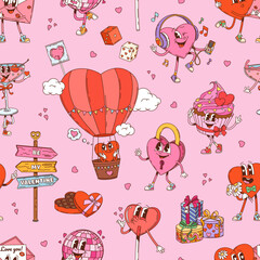 Cartoon groovy Valentine characters seamless pattern with hearts, vector background. Valentine day love holiday pattern of groovy funny heart and wedding cupcake muffin with pink love message envelope