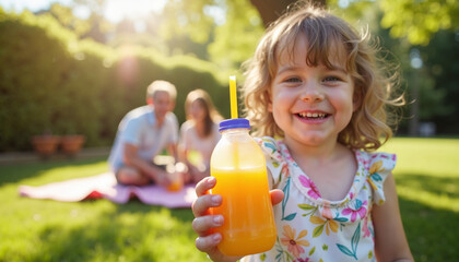 Smiling child holding juice box in sunny garden, family picnic joy