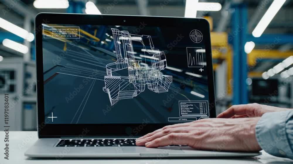 Poster modern factory design software showcases detailed blueprints and 3d models for efficient production 