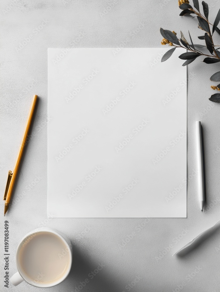 Aufkleber Blank paper with space for text next to a cup and stationery on a light surface for creative ideas and designs. Generative AI