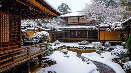 Japanese courtyard in the snow 
