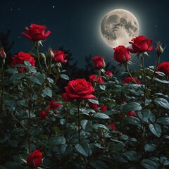 A red rose garden illuminated by soft moonlight.