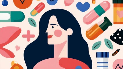 Health info tips concept. Colorful illustration of a woman surrounded by health and wellness icons, representing self-care concepts.