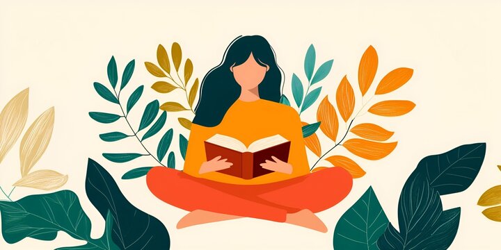 Health info tips concept. A woman reading a book surrounded by colorful leaves in a serene illustration.