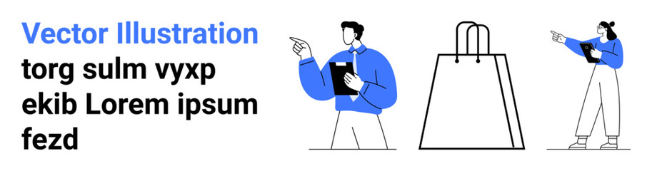 Business people holding tablets, pointing at something. Key themes teamwork, collaboration, shopping, retail, navigation, business planning instructions. Ideal for business presentations marketing