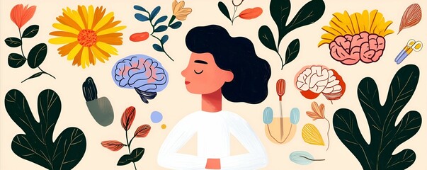 Health info tips concept. A woman surrounded by colorful plants, flowers, and brain imagery, symbolizing mental health and wellness.