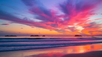 Fototapeta premium A vibrant sunset paints the sky with shades of pink, orange, and purple over a calm ocean shoreline