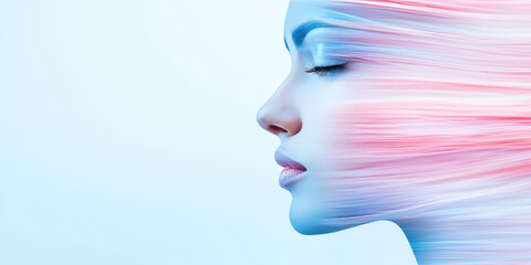 Creative composition, portrait of a virtual woman, loading textures effect, virtual assistant and interlocutor, concept innovation and technology