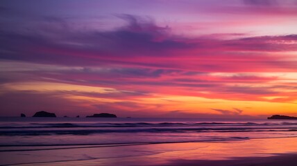 Fototapeta premium A vibrant sunset paints the sky with shades of pink, orange, and purple over a calm ocean shoreline