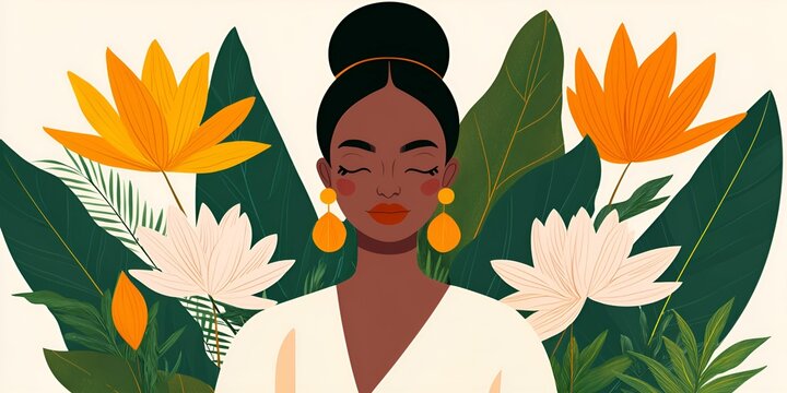 Health info tips concept. Woman with elegant features surrounded by tropical flowers and greenery, exuding tranquility and beauty.