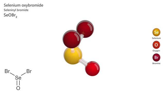 Selenium Oxybromide. Animated 3D model of a molecule. Molecular formula: SeOBr2. Chemical model: Ball and sticks. White background. 3D rendering. Seamless loop.