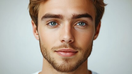 Fototapeta premium Confident European Man in White Soccer Jersey with Buzzcut and Beard Against Grey Background