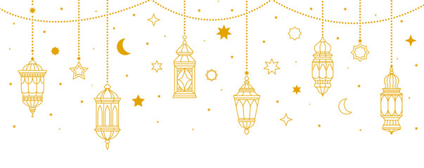 Ramadan holiday greeting with Arabian lanterns and lamps, vector background. Ramadan Kareem and Eid Mubarak greeting Islam and Muslim religious holidays with golden decoration of Arabian lanterns © Buch&Bee