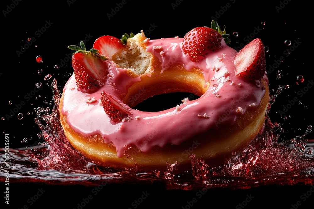 Poster delicious strawberry-glazed donut splashing into a vibrant red liquid, creating a dynamic and appeti