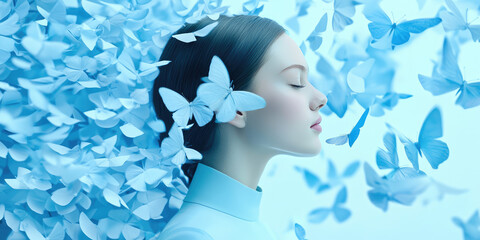 Creative composition, young woman fantasizing, imagination, creativity and flight of fancy, ideas concept
