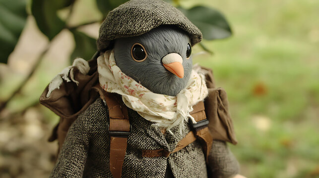 A pigeon plush in a travelers outfit