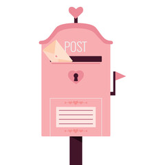 A cute pink mailbox for love letters. Love postbox with letter. Mailbox for sending valentines. Lovely design for Valentine's day greeting and invitation card. 