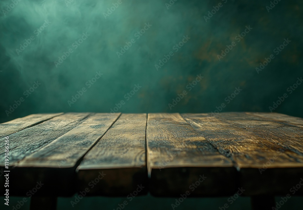 Poster rustic wooden table surface with dramatic smoke effect in background, creating an ideal atmosphere f