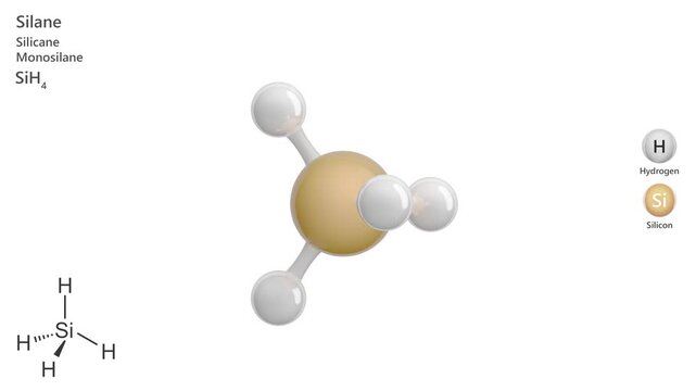 Silane. Poisonous gas. Animated 3D model of a molecule. Molecular formula: H4Si. Chemical model: Ball and sticks. White background. 3D rendering. Seamless loop.