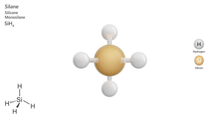 Molecule: Silane. Poisonous gas. Molecular structure. Formula: H4Si. Chemical model: Ball and stick. White background. 3D illustration.