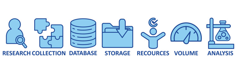 Big Data icon set illustration concept with icon of research, collection, database, storage, recources, volume, analysis
