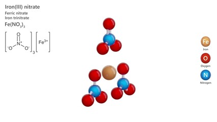 Iron(III) Nitrate. Animated 3D model of a molecule. Molecular formula: FeN3O9. Chemical model: Ball and sticks. White background. 3D rendering. Seamless loop.