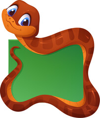 Fototapeta premium Asian horoscope snake character frame of Chinese New Year holiday vector greeting card. Cartoon cute lunar calendar wood snake personage with blank green banner. Asian New Year holiday celebration