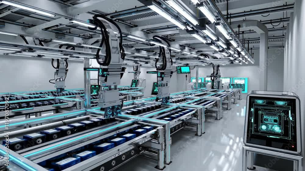 Poster robotic assembly line in a modern manufacturing facility showcasing advanced technology and automate