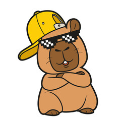 Cute cartoon capybara in a cap and sunglasses on white background