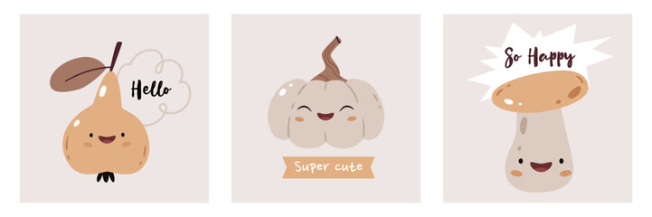 Set of cute edible mushrooms. Button, Cremini, Portobello, Shiitake, Oyster, Porcini, Morel, Enoki, Chanterelle, Maitake