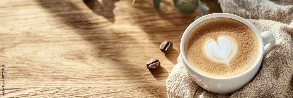 Aufkleber cozy coffee cup with latte art on wooden table surrounded by natural elements in a warm setting. gen