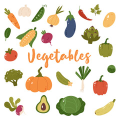 Stylish set with vegetables. Carrots, garlic, spinach, peas, onions, beets, corn, tomato, 