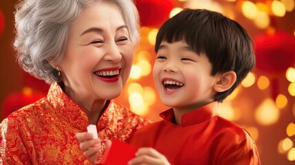 Joyful grandmother and grandson celebrating together during festive occasion with red decorations and warm lights