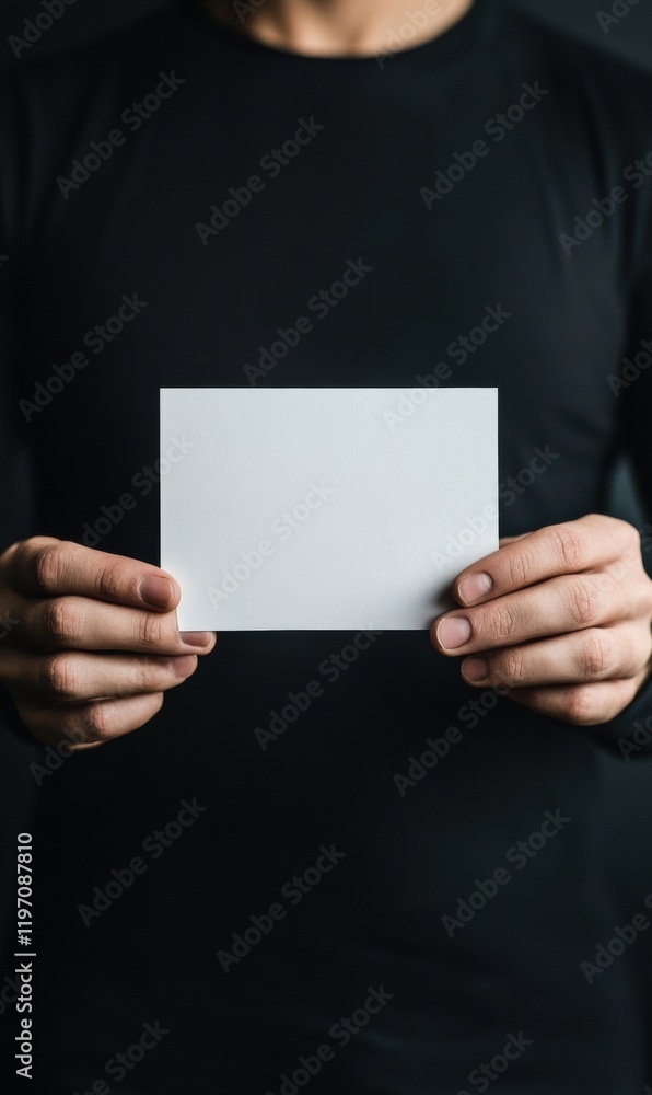 Leinwandbilder empty card held by person in dark shirt, suitable for mockup and text placement in a studio setting.