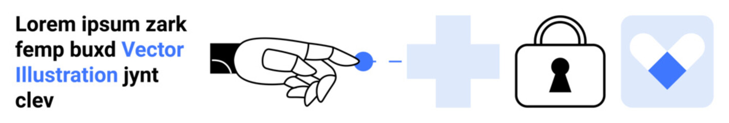 Hand pointing to blue plus sign, lock icon, and heart-shaped shield icon. Ideal for security, authentication, technology integration, data protection, user access, digital security online privacy