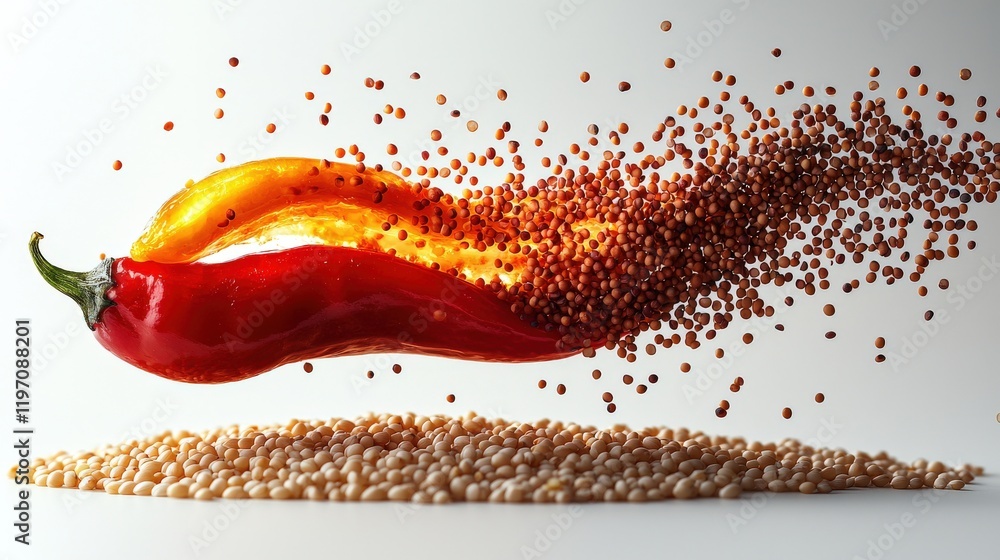 Poster Vibrant red and yellow chili peppers exploding with mustard seeds, creating a dynamic, colorful food image perfect for culinary or spice-related projects.