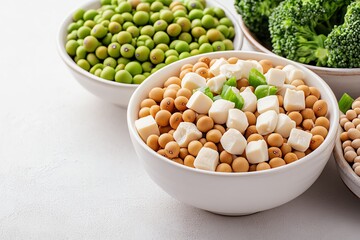 Healthy vegan food: peas, soybeans, tofu