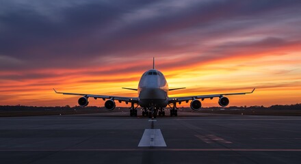 Obraz premium An impressive large aircraft stands ready on the runway as the sun sets, casting vibrant colors in the sky while illuminating the scene. The airport is bustling with activity.